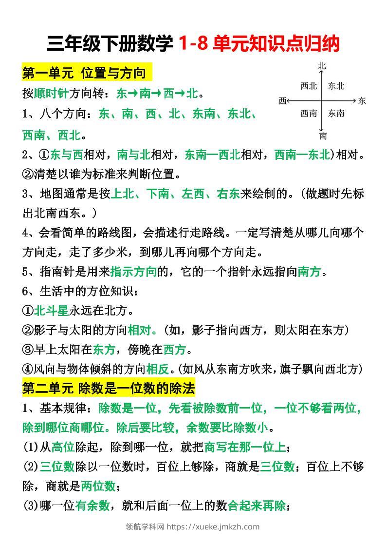 三年级下册数学1-8单元知识点归纳(改)-领航学科网