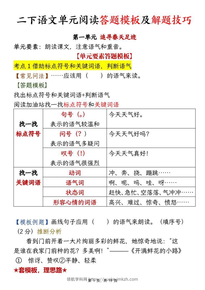 【阅读】二下语文1-8单元阅读答题模板及解题技巧（19页）-领航学科网