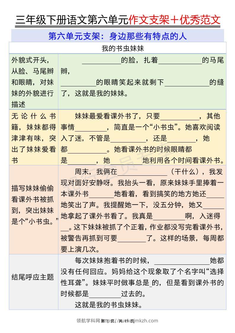 三下语文第六单元作文支架＋优秀范文（11页）-领航学科网