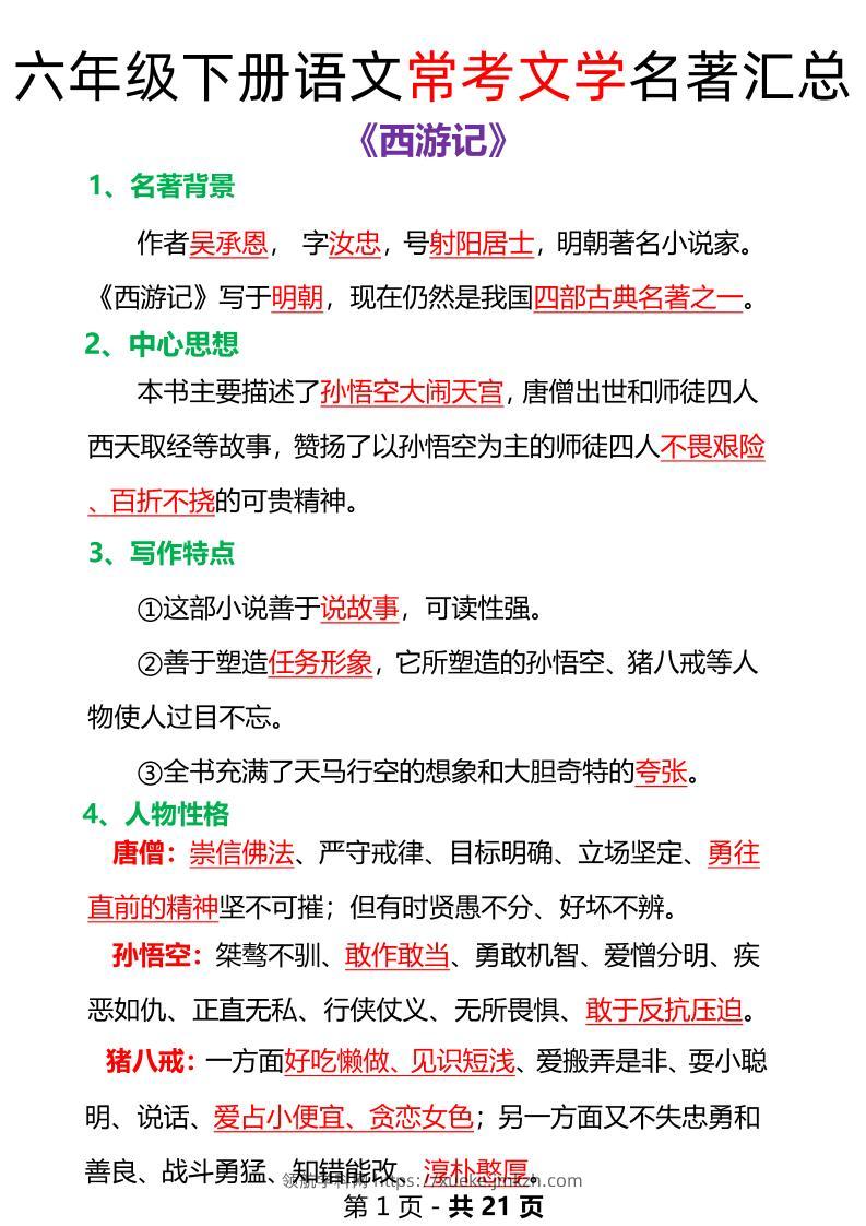 语文六年级下册常考文学名著汇总-领航学科网