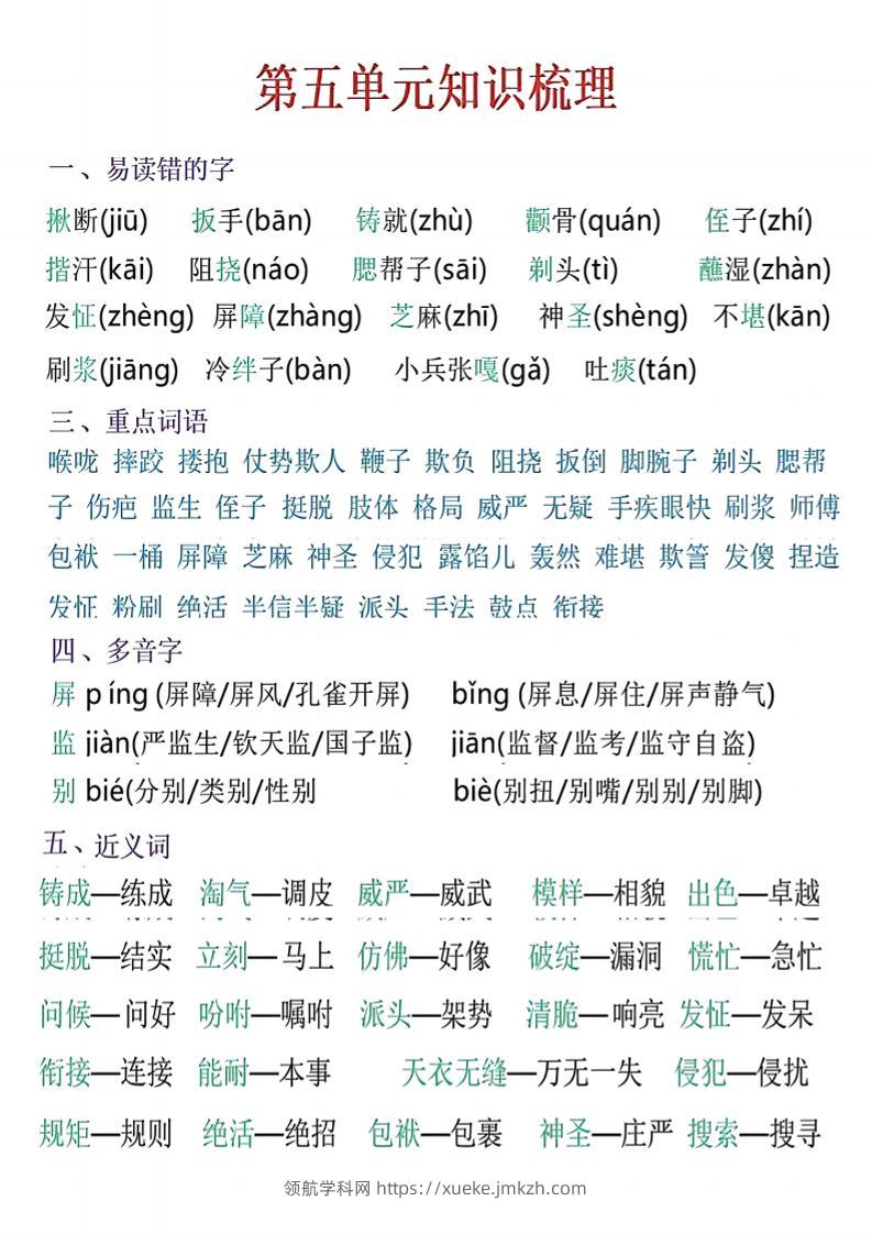 五年级下语文五单元知识梳理-领航学科网
