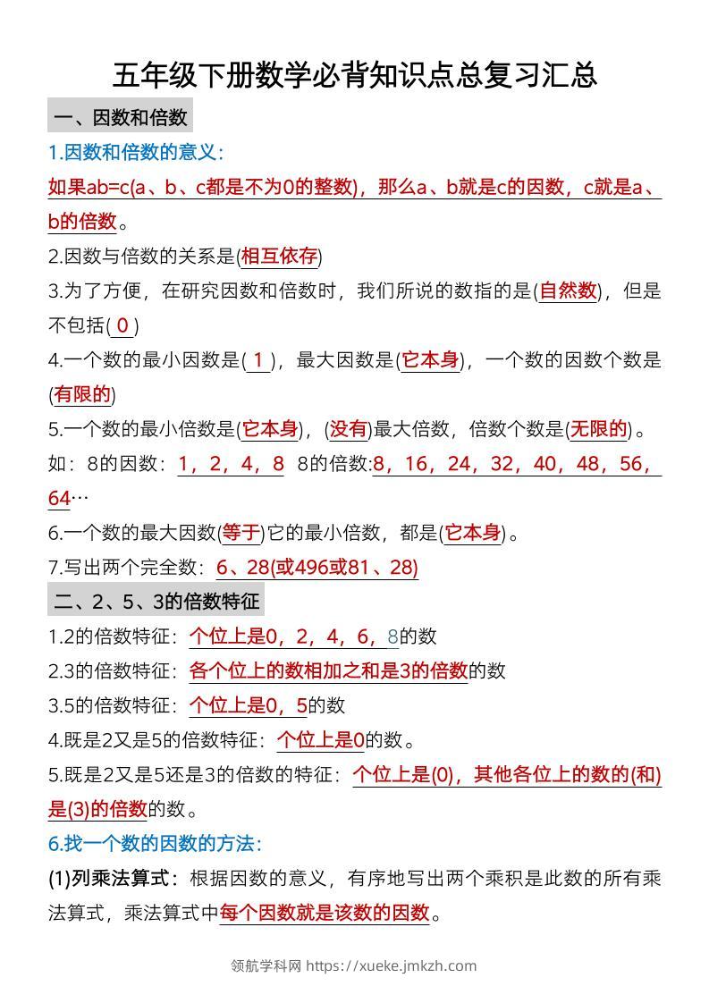 五年级下数学单元知识点汇总-领航学科网