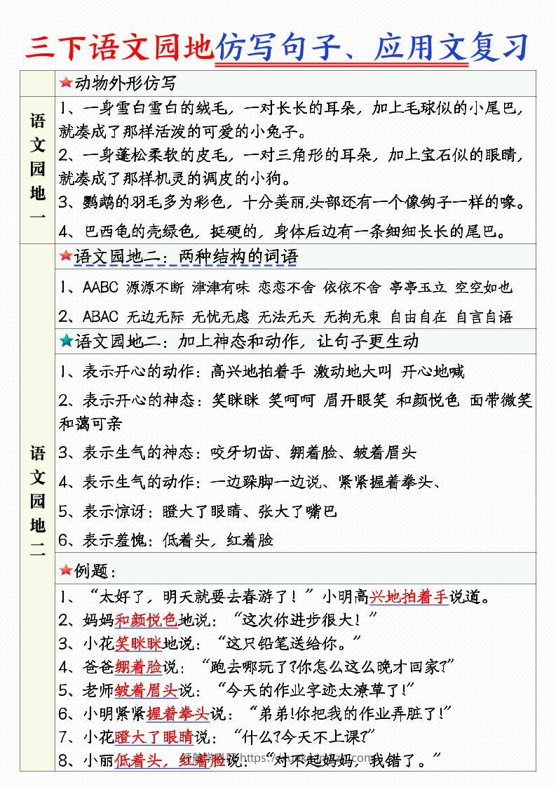 三年级下语文1-8单元语文园地句子仿写+应用文专练-领航学科网