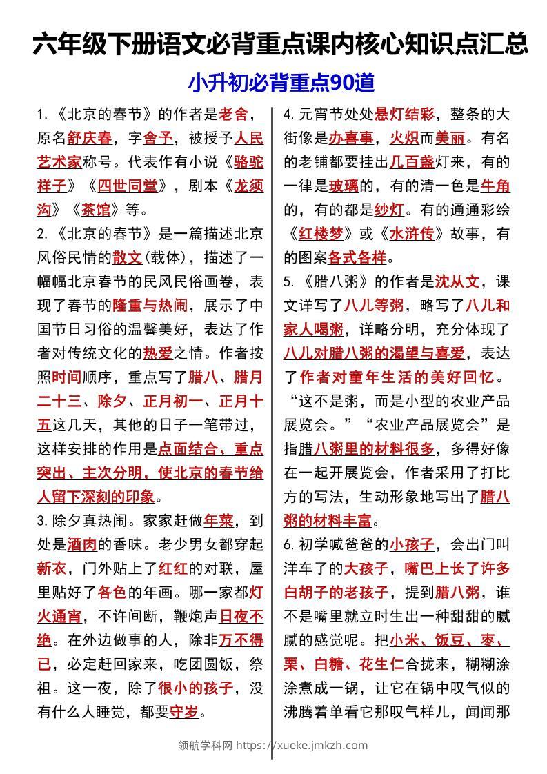 六下语文《语文必背重点课内核心知识点汇总小升初必背重点90道》-领航学科网