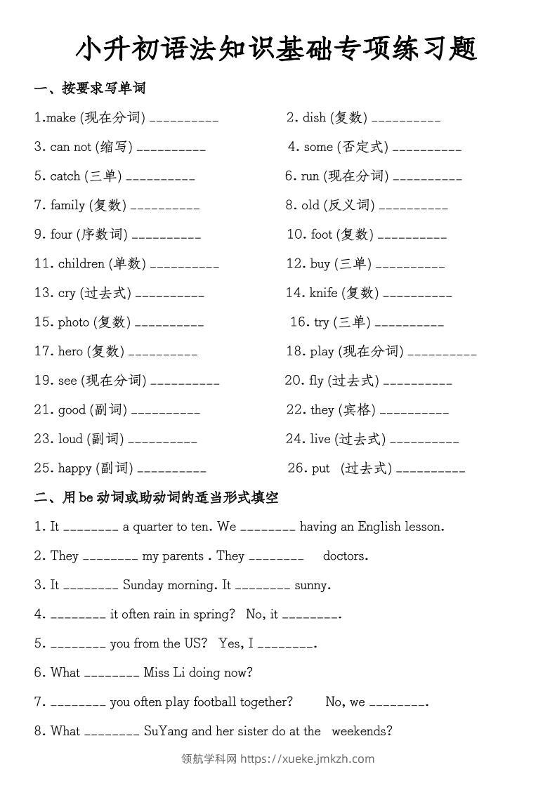 《小升初语法知识基础专项练习题》教科版-领航学科网