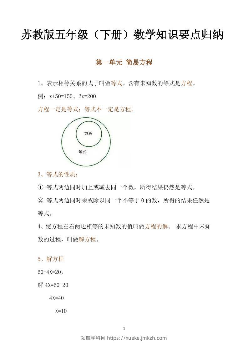 五下数学：苏教版数学知识点归纳-领航学科网