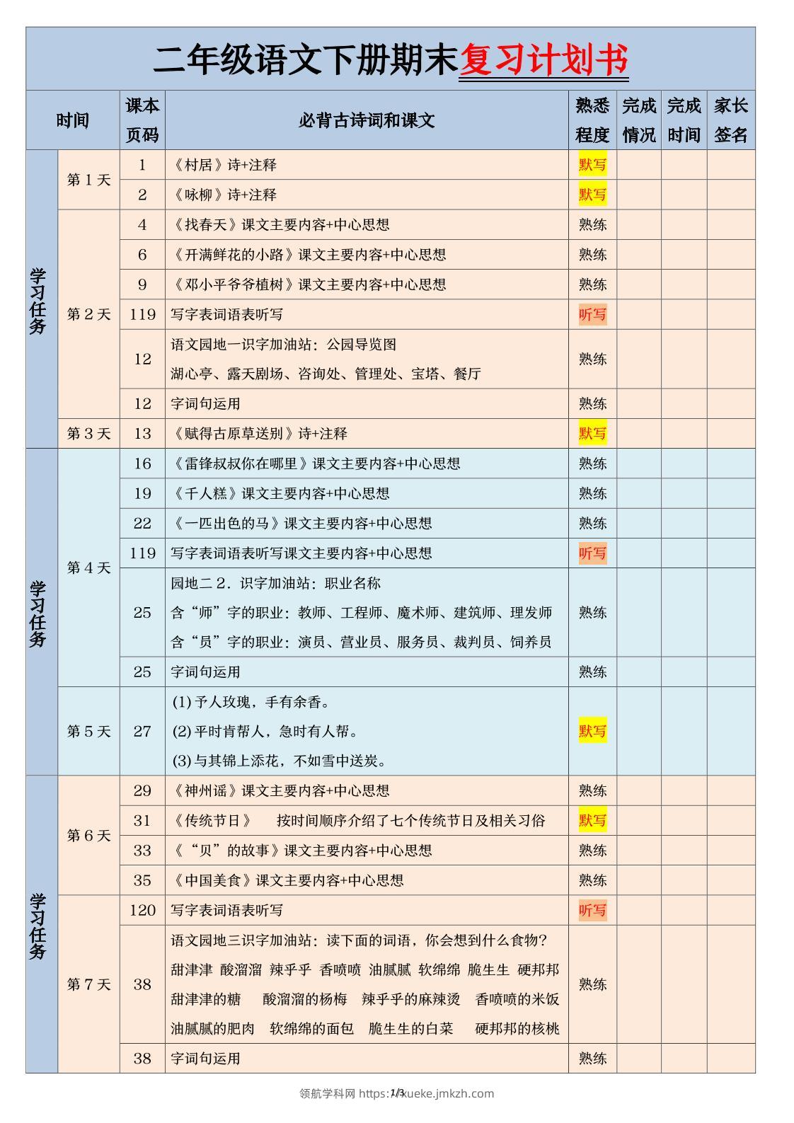 二下语文【期末三轮复习法闯关表】（3页）-领航学科网