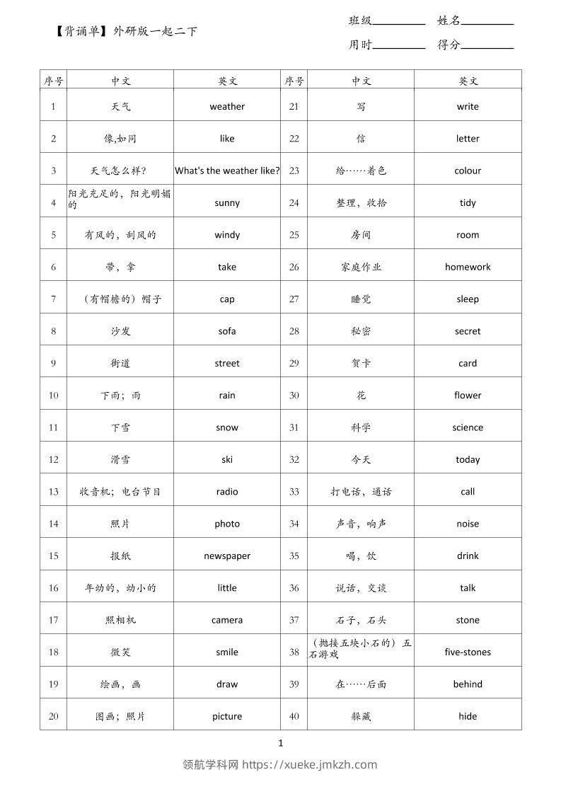 【背诵单】外研版一起二下英语-领航学科网