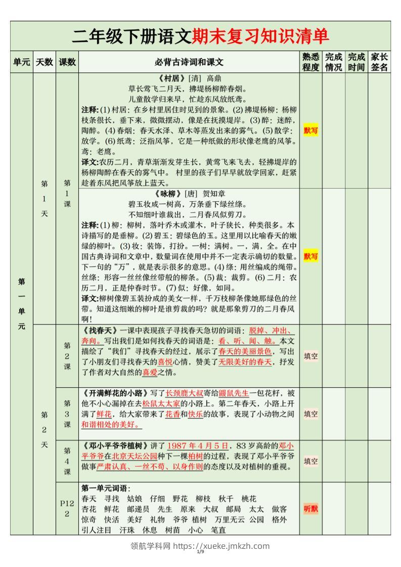 二年级下语文期末复习计划清单-领航学科网