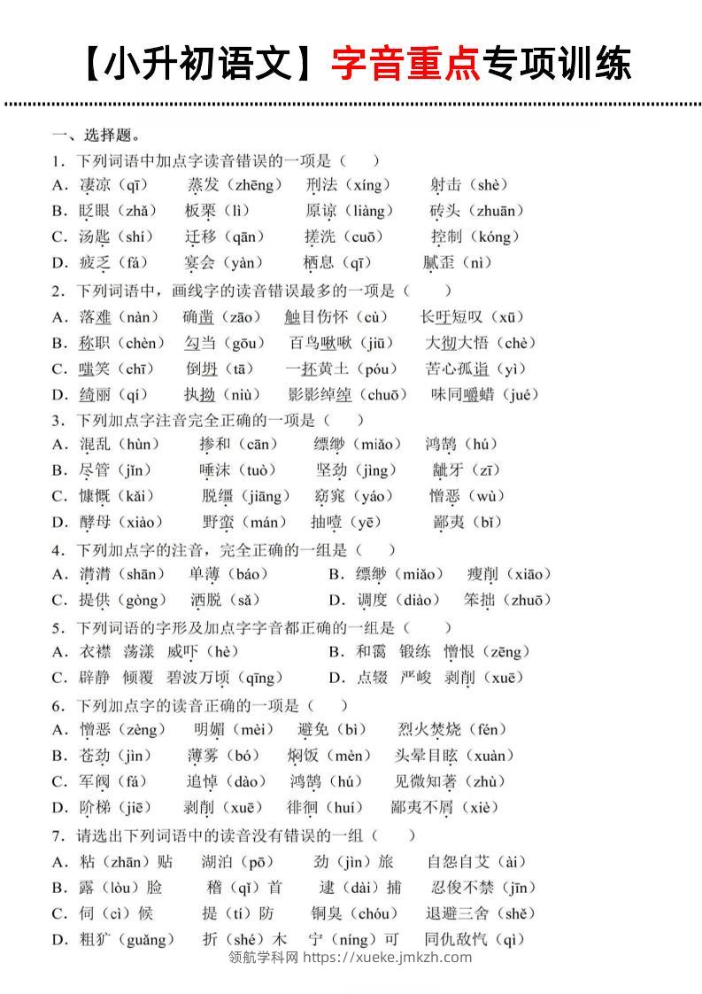 《小升初语文字音重点专项训练》-领航学科网