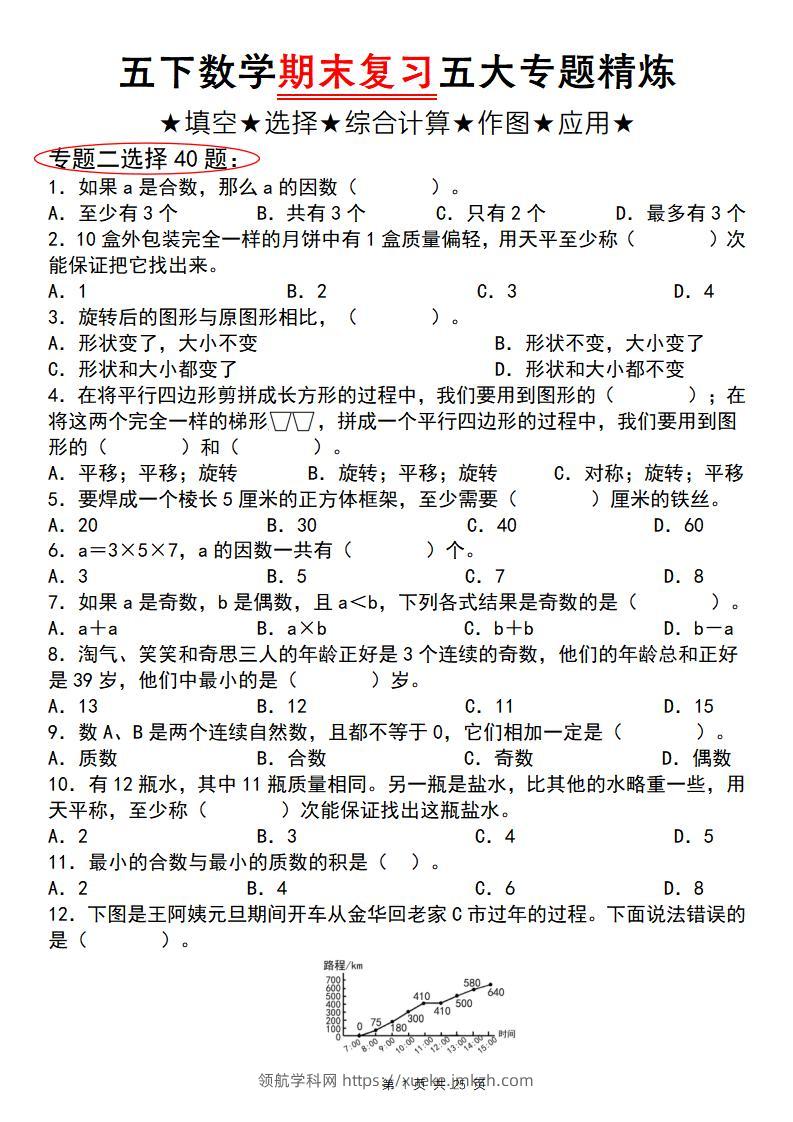 五下数学【期末复习五大专题精炼（专题二：选择）】-领航学科网