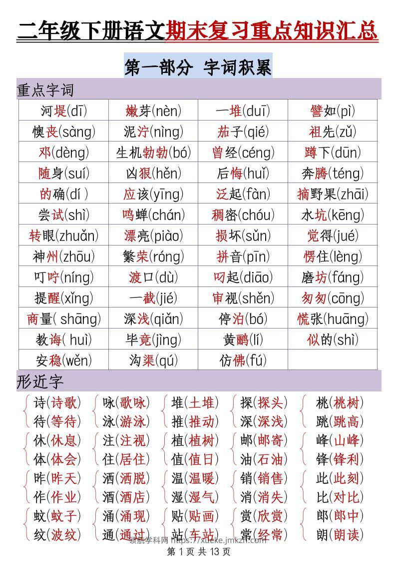 二下语文期末复习重点知识汇总（13页）-领航学科网