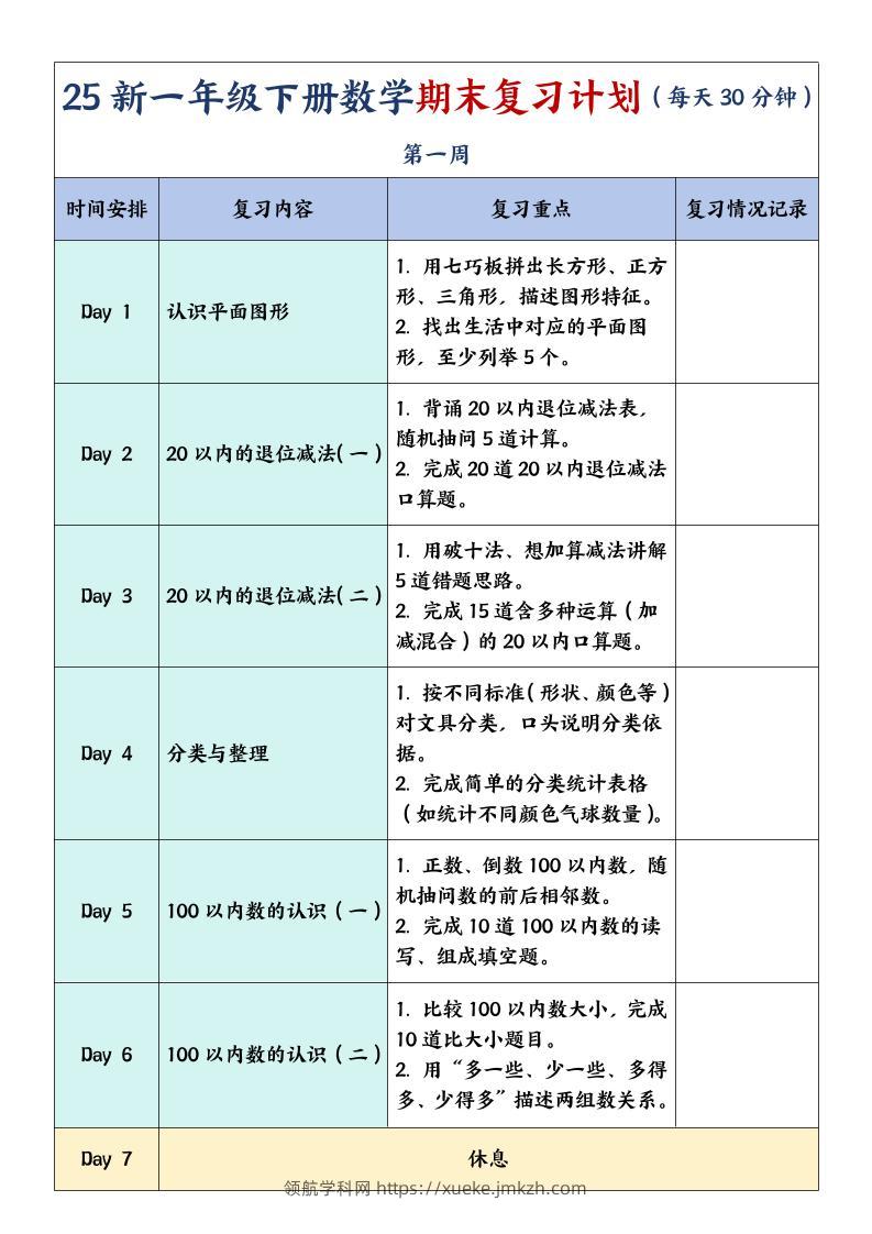 一下数学【期末复习计划】-领航学科网