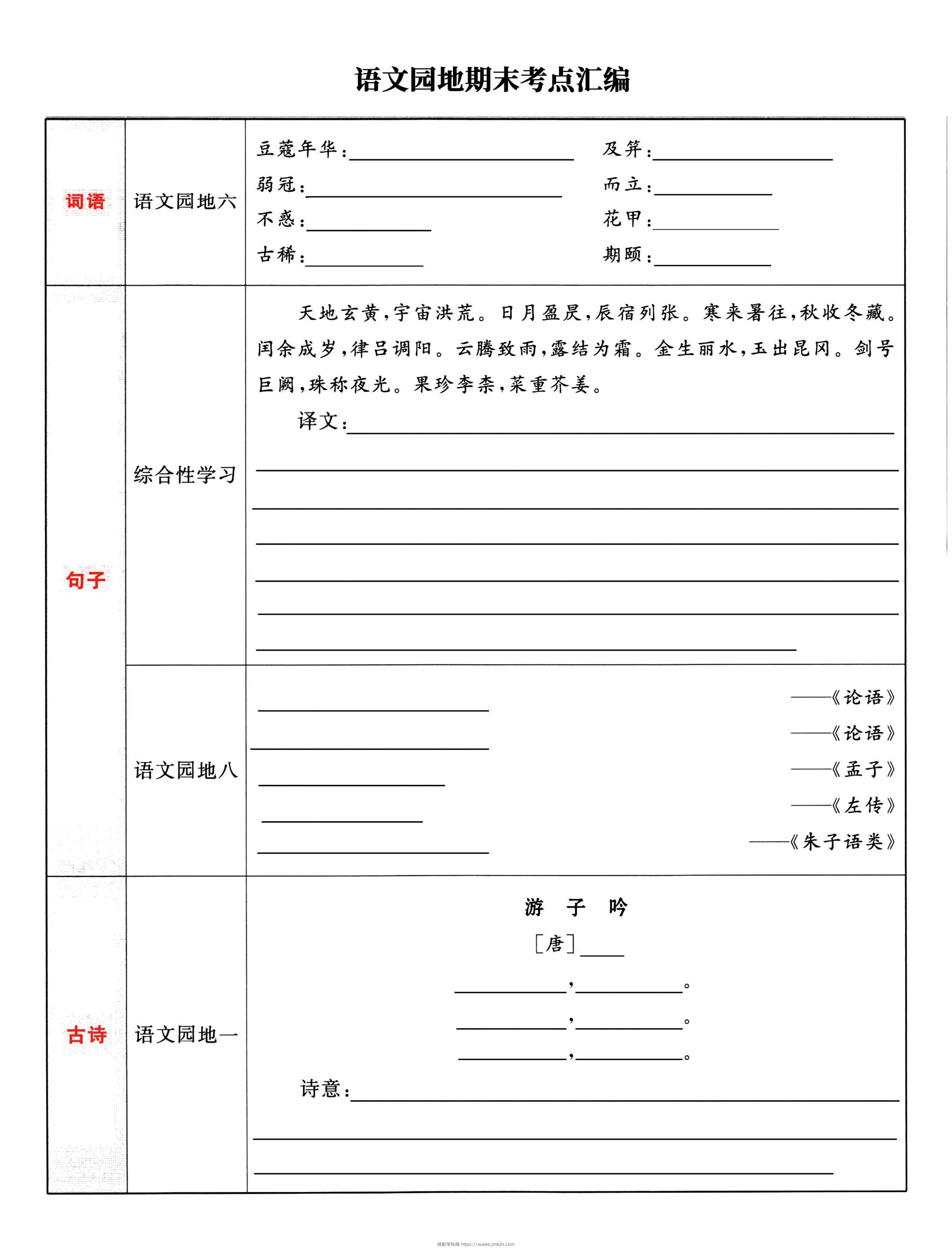 五下语文《语文园地》期末考点汇编，附配套习题和默写集训-领航学科网