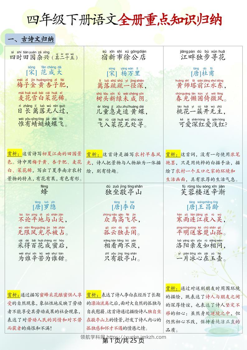 四下语文全册重点知识归纳-领航学科网