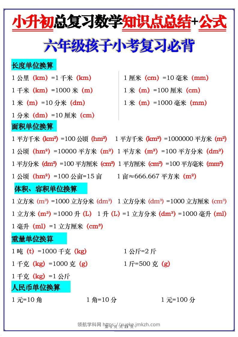 小升初总复习数学知识点总结+公式-领航学科网