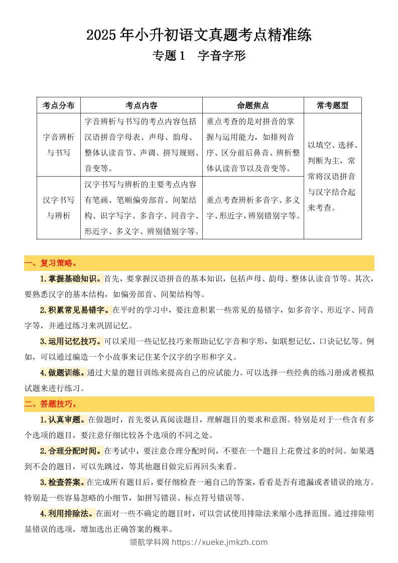 小升初语文备考真题分类汇编专题1字音字形-领航学科网