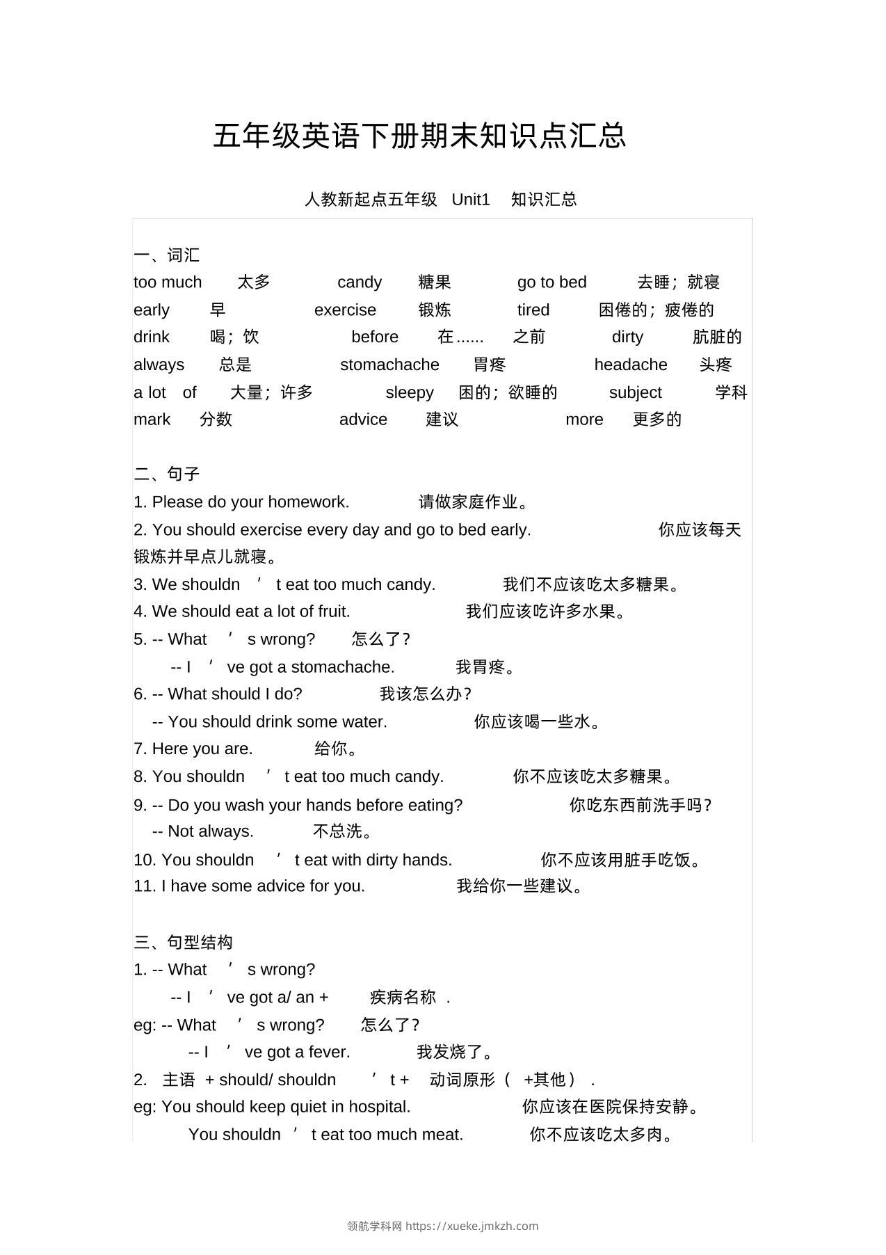 五下人教版一起点英语【期末知识清单汇总】-领航学科网