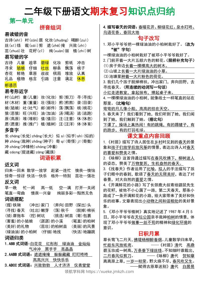 二下语文期末复习知识点归纳（8页）-领航学科网