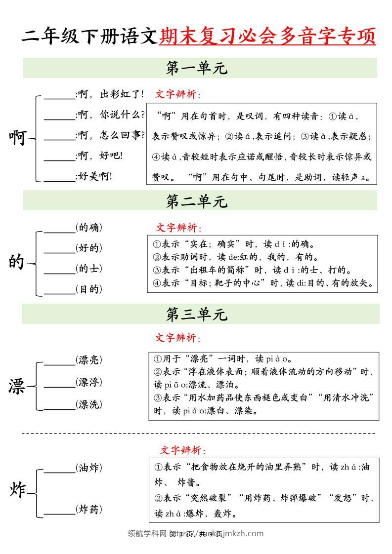 二下语文期末复习必会多音字专项练习（9页）-领航学科网