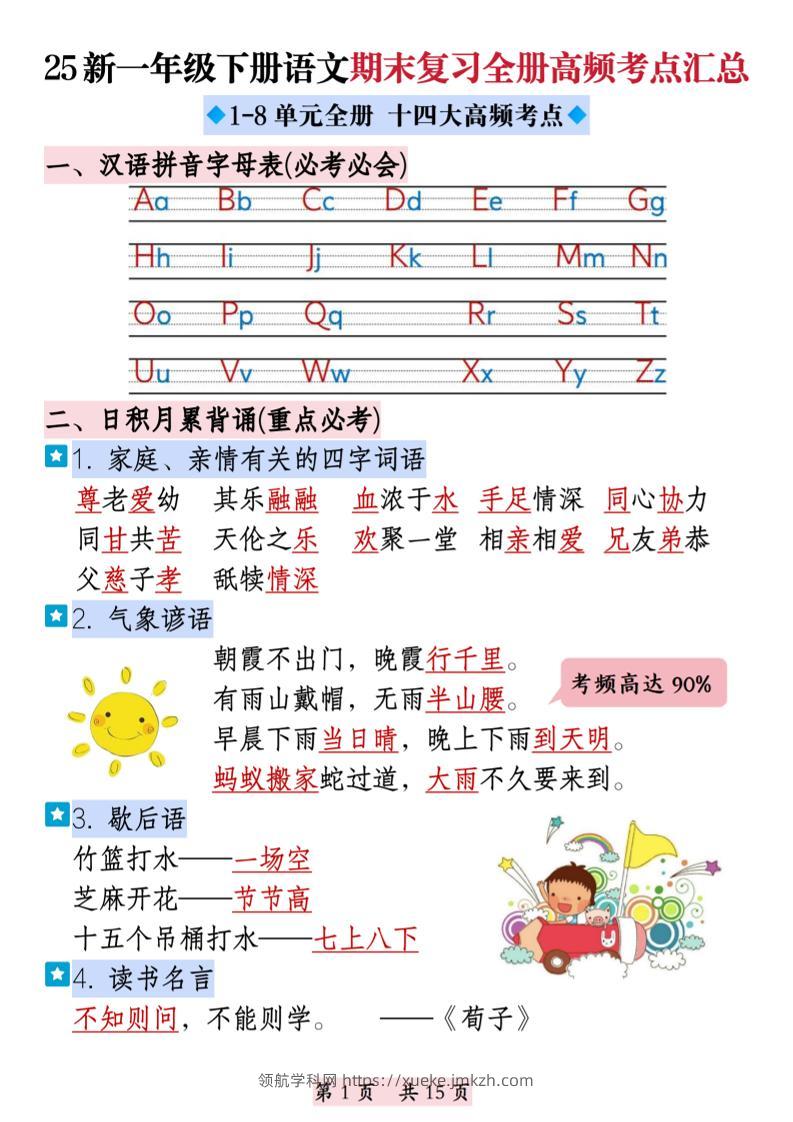 25新一下语文期末复习全册高频考点汇总（十四大高频考点）15页-领航学科网