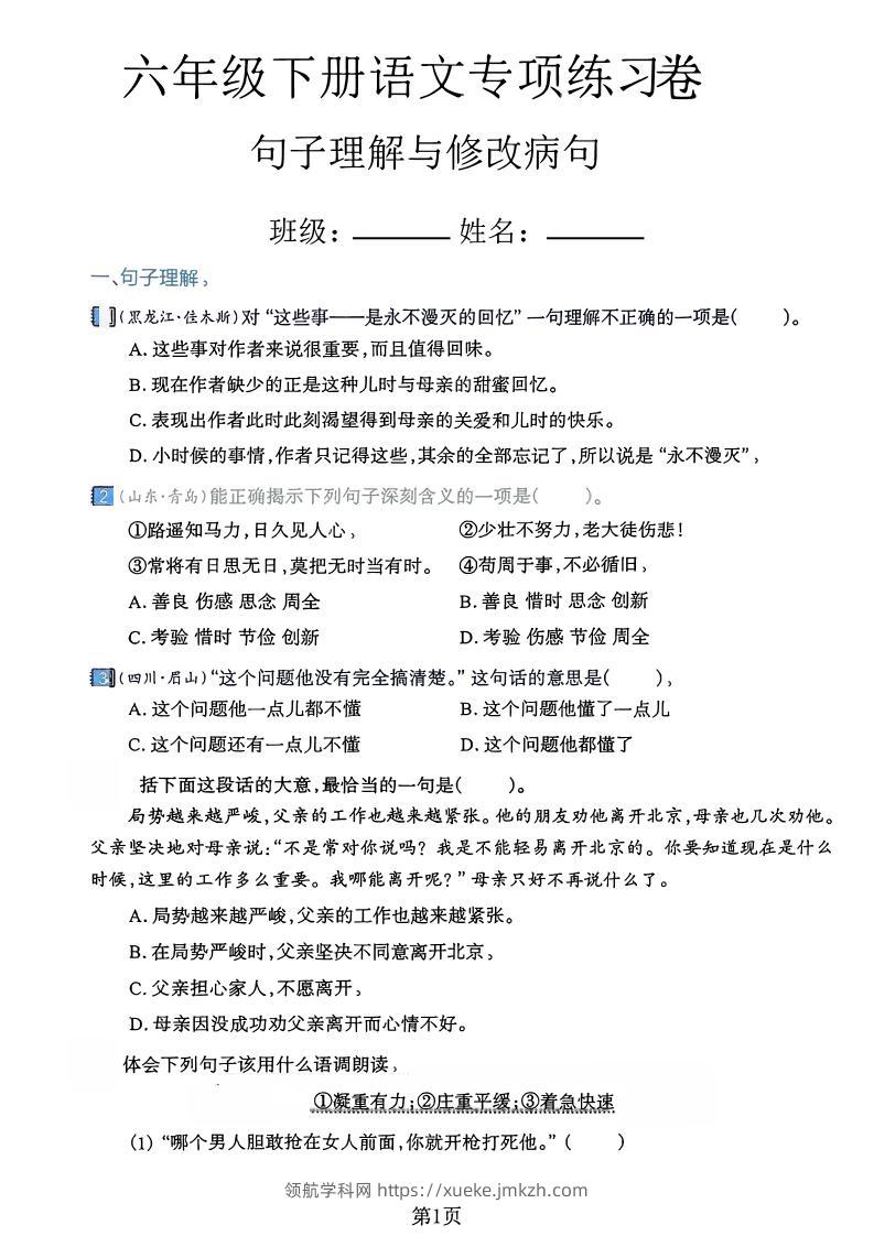 六下语文句子理解与修改病句专项练习卷-领航学科网