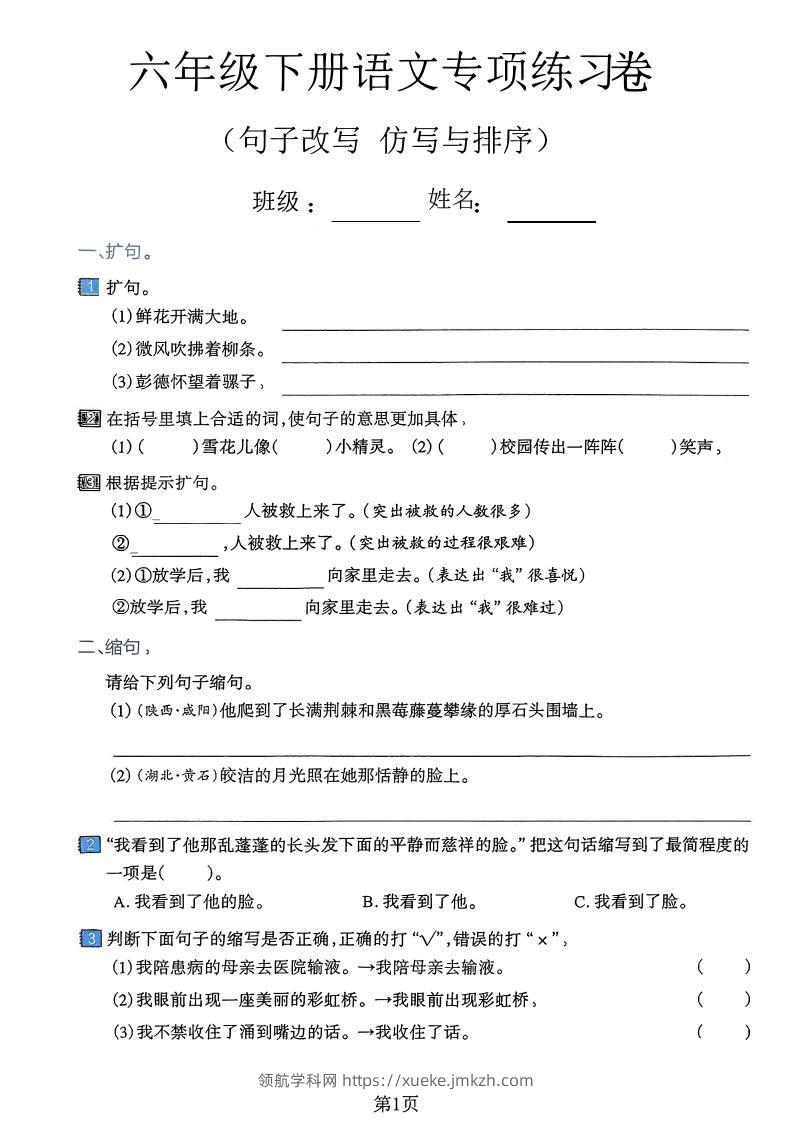 六下语文句子改写仿写与排序专项练习卷-领航学科网
