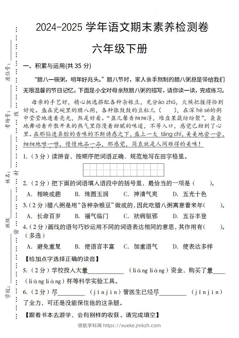 24-25学年语文期末素养检测卷六年级下册-领航学科网
