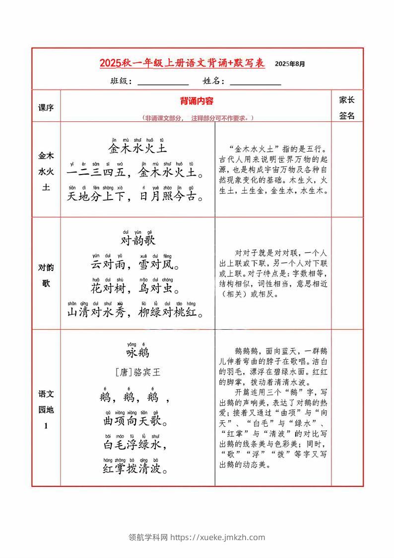 【暑假】一上语文必背内容+默写表-领航学科网