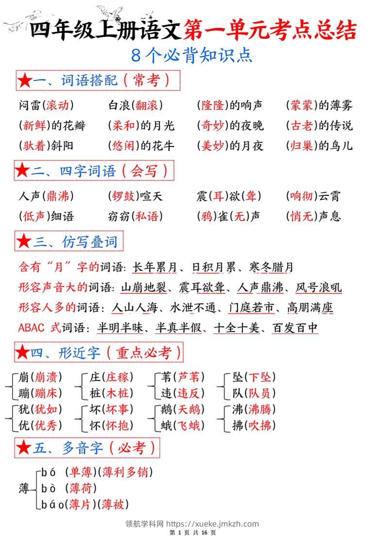 四年级语文上册1-8单元考点总结（8个必背知识点）-领航学科网