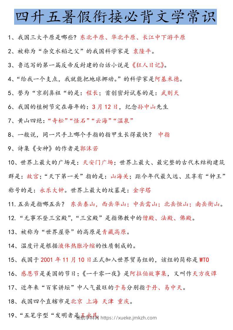 【四升五语文暑假】必背文学常识四下语文-领航学科网