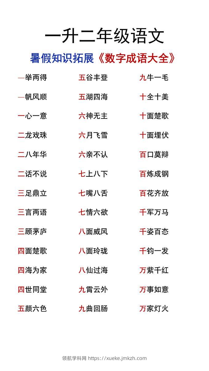 一升二年级语文上册暑假知识拓展《数字成语大全》-领航学科网