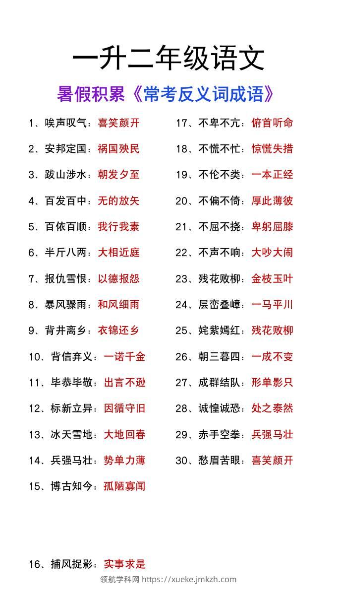 一升二年级语文上册暑假知识积累《反义词成语大全》-领航学科网