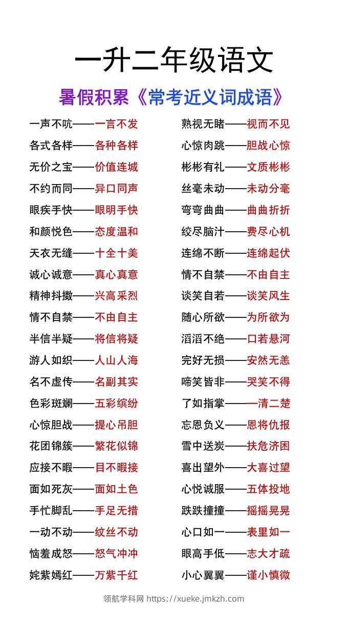 一升二年级语文上册暑假知识积累《近义词成语大全》-领航学科网