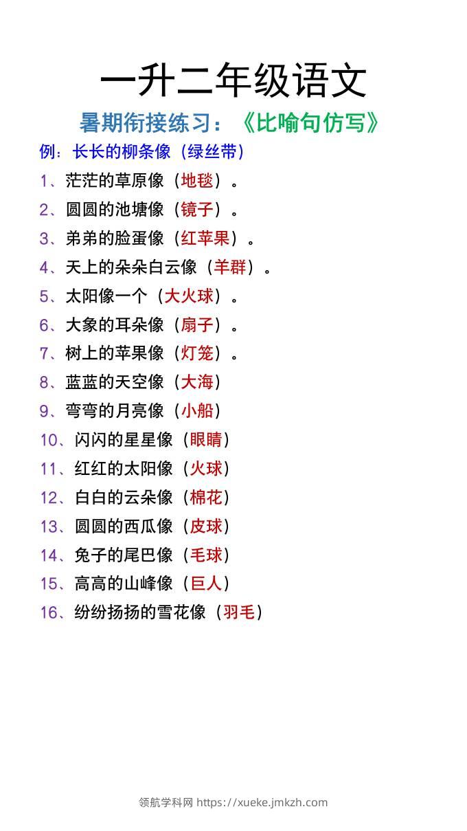 一升二年级语文上册暑假衔接练习《比喻句仿写》-领航学科网