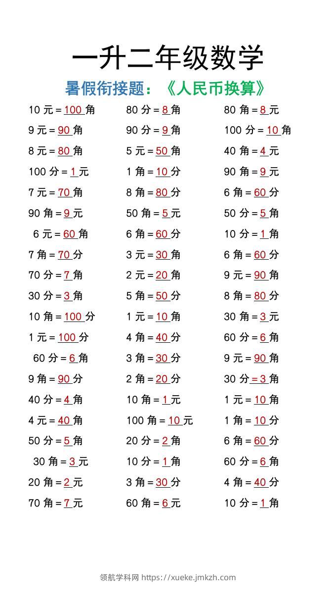 一升二年级数学上册暑假衔接练习《人民币换算》-领航学科网