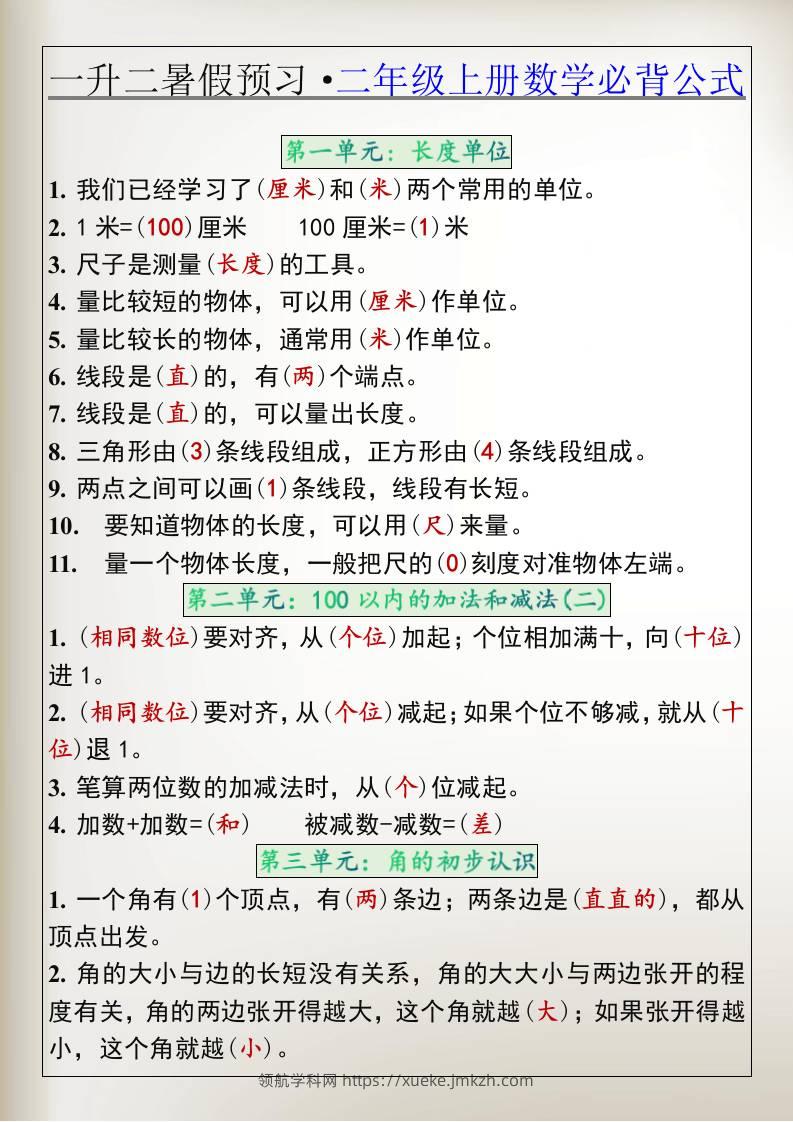 一升二暑假预习·二年级上册数学必背公式-领航学科网