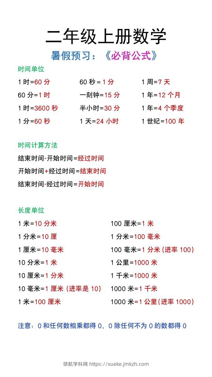 二年级上册数学暑假必背公式-领航学科网