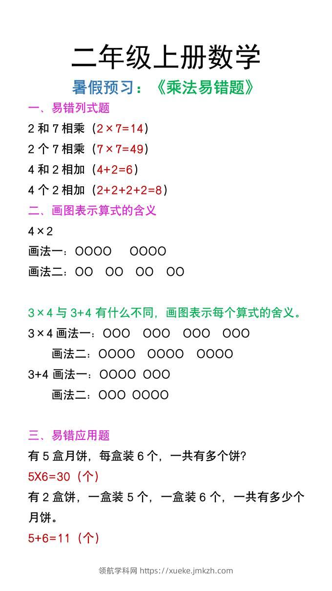 二年级上册数学暑假预习《乘法易错题》-领航学科网