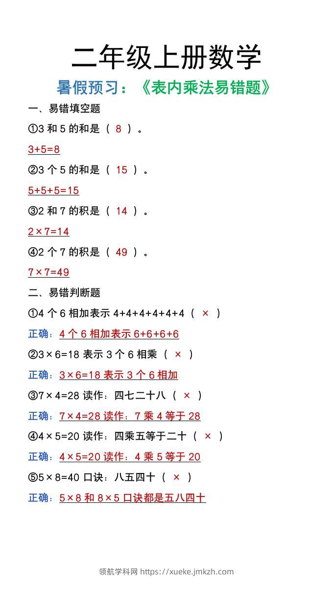 二年级上册数学暑假预习《表内乘法易错题》-领航学科网