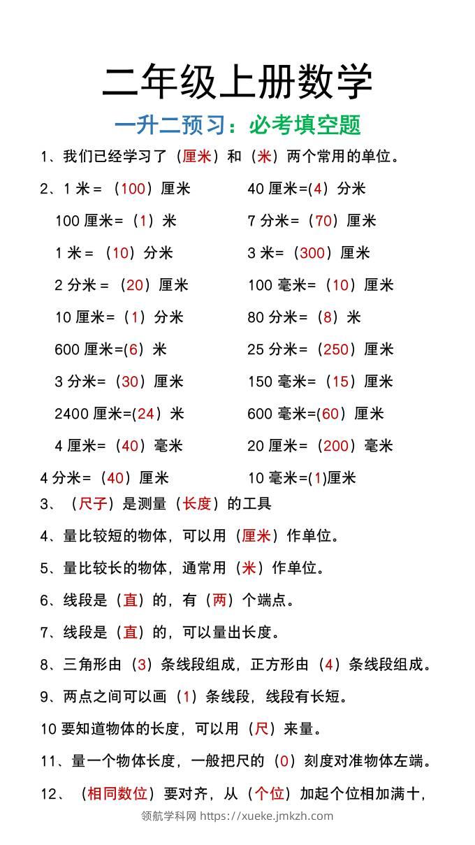 二年级上册数学暑假预习必做《重点填空题》-领航学科网