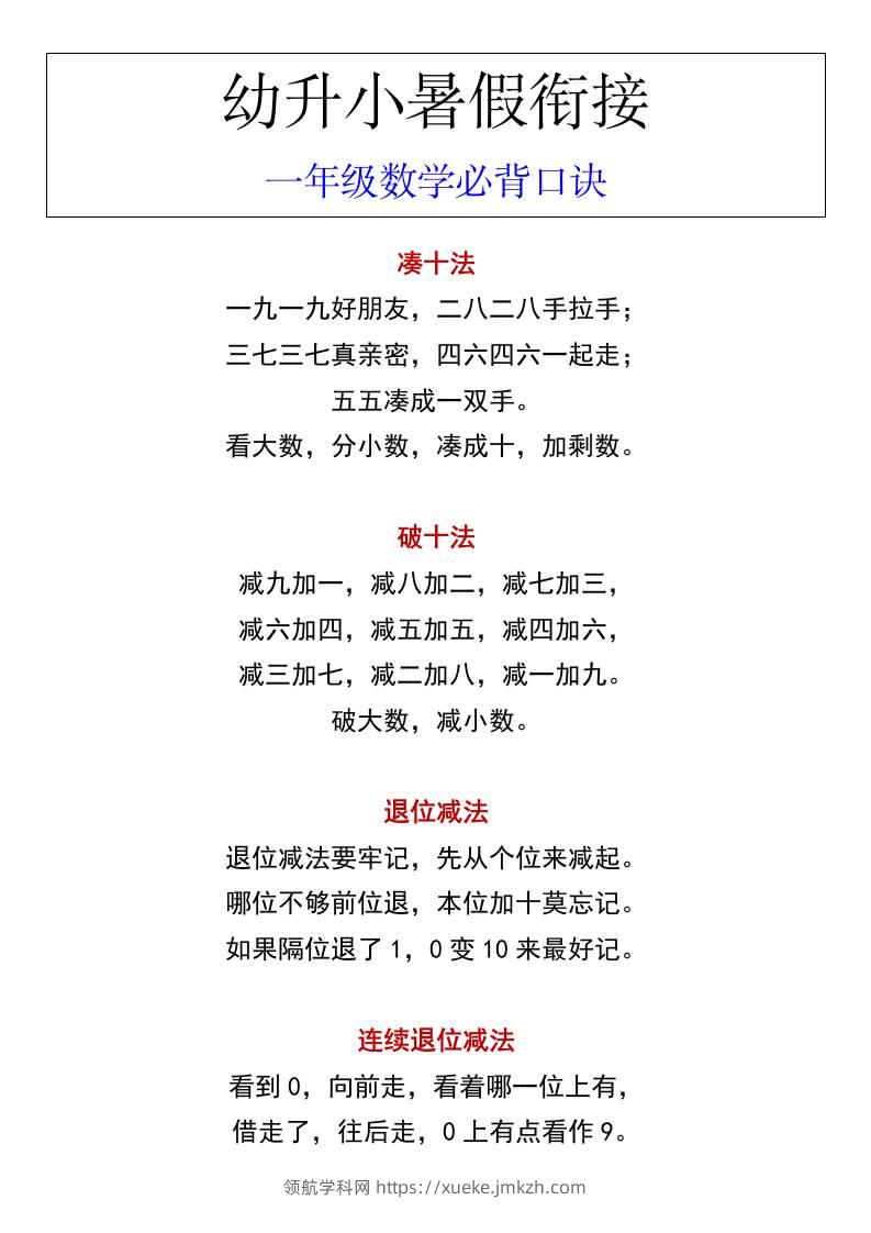 幼升小暑假衔接一年级数学必背口诀-领航学科网