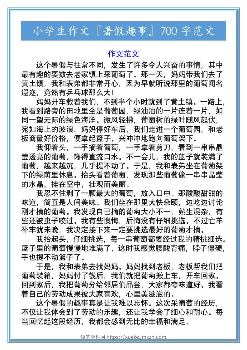 小学生作文『暑假趣事』700字范文-小升初语文-领航学科网