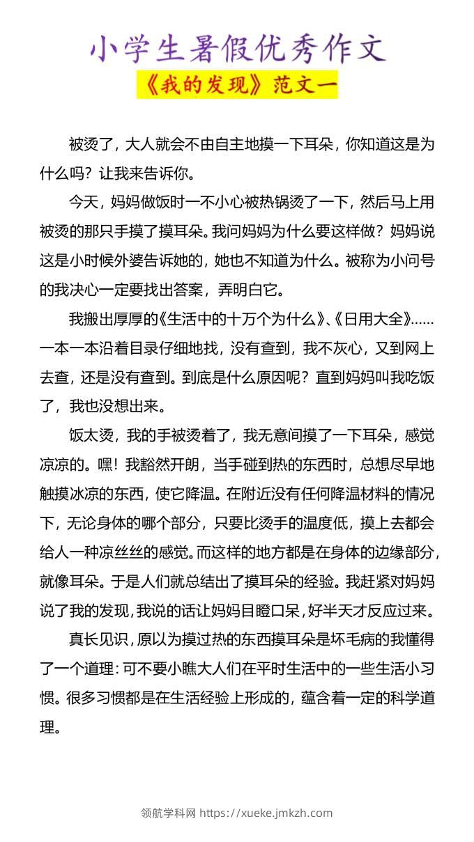 小学生暑假优秀作文《我的发现》范文4篇-小升初语文-领航学科网