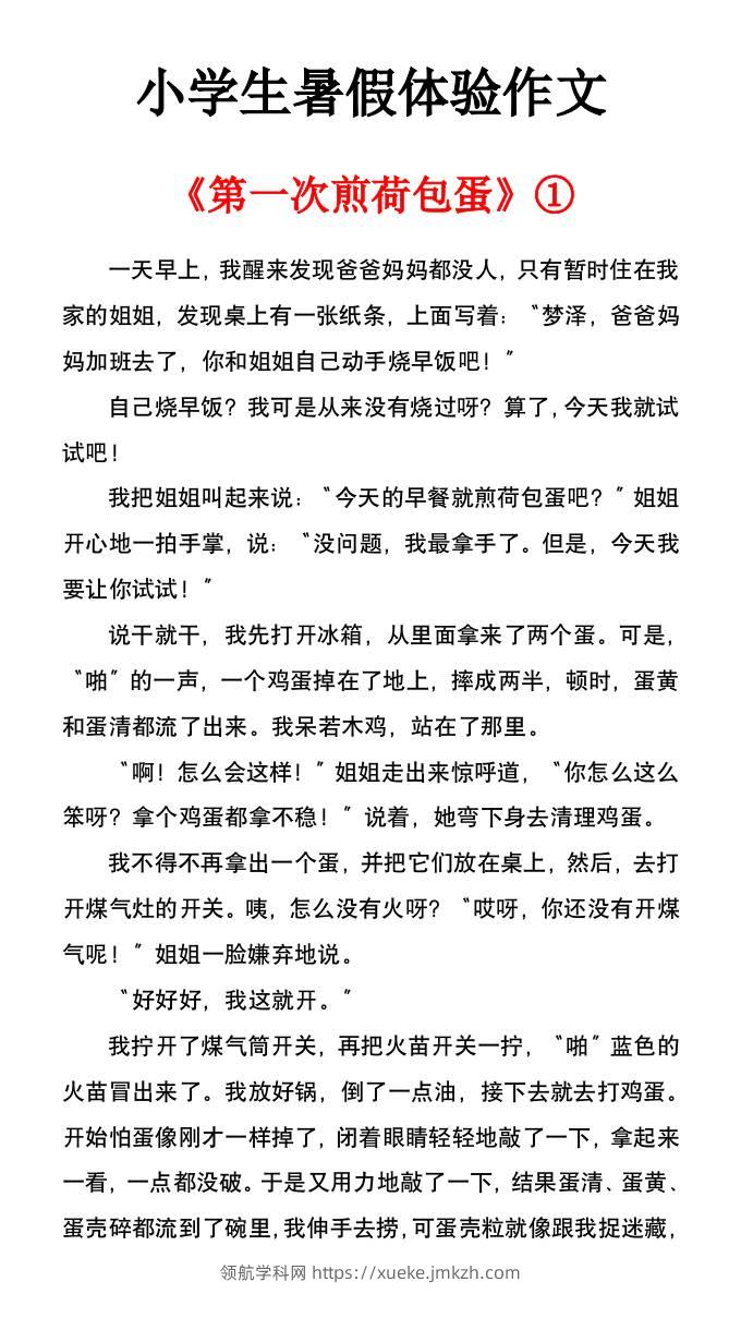小学生暑假体验作文《第一次煎荷包蛋》-小升初语文-领航学科网