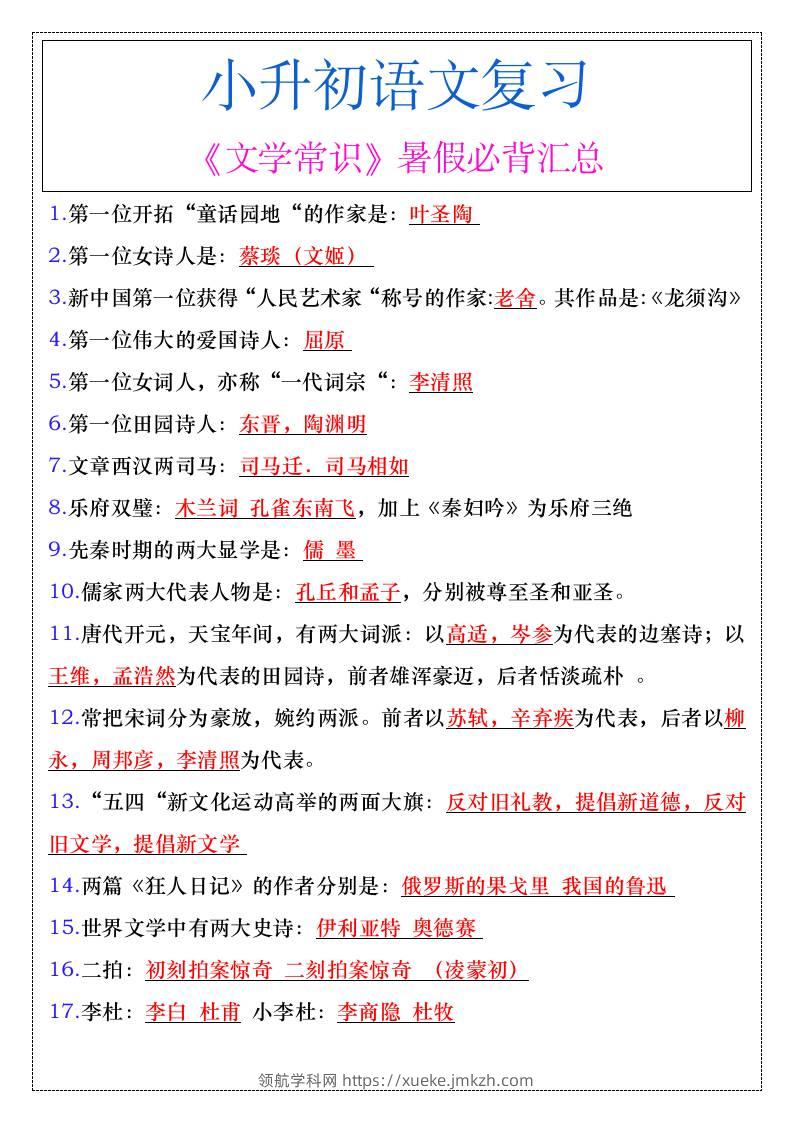 小升初语文复习《文学常识》暑假必背汇总-小升初语文-领航学科网