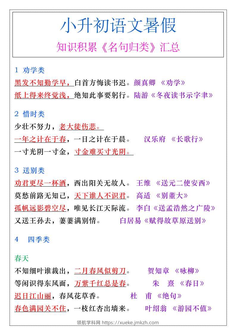 小升初语文暑假必背知识积累《名句归类》汇总-小升初语文-领航学科网