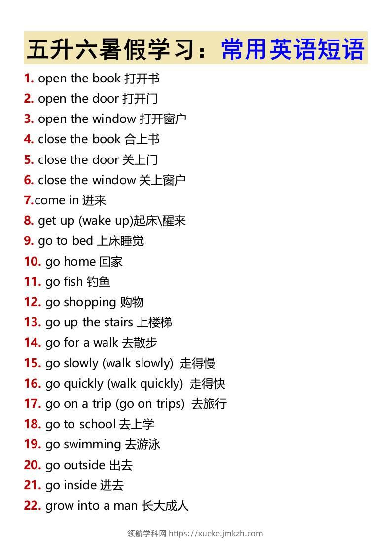 五升六暑假学习：常用英语短语-六上英语-领航学科网