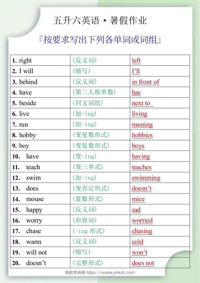 五升六英语暑假作业之按要求写出下列各单词或词组-六上英语-领航学科网