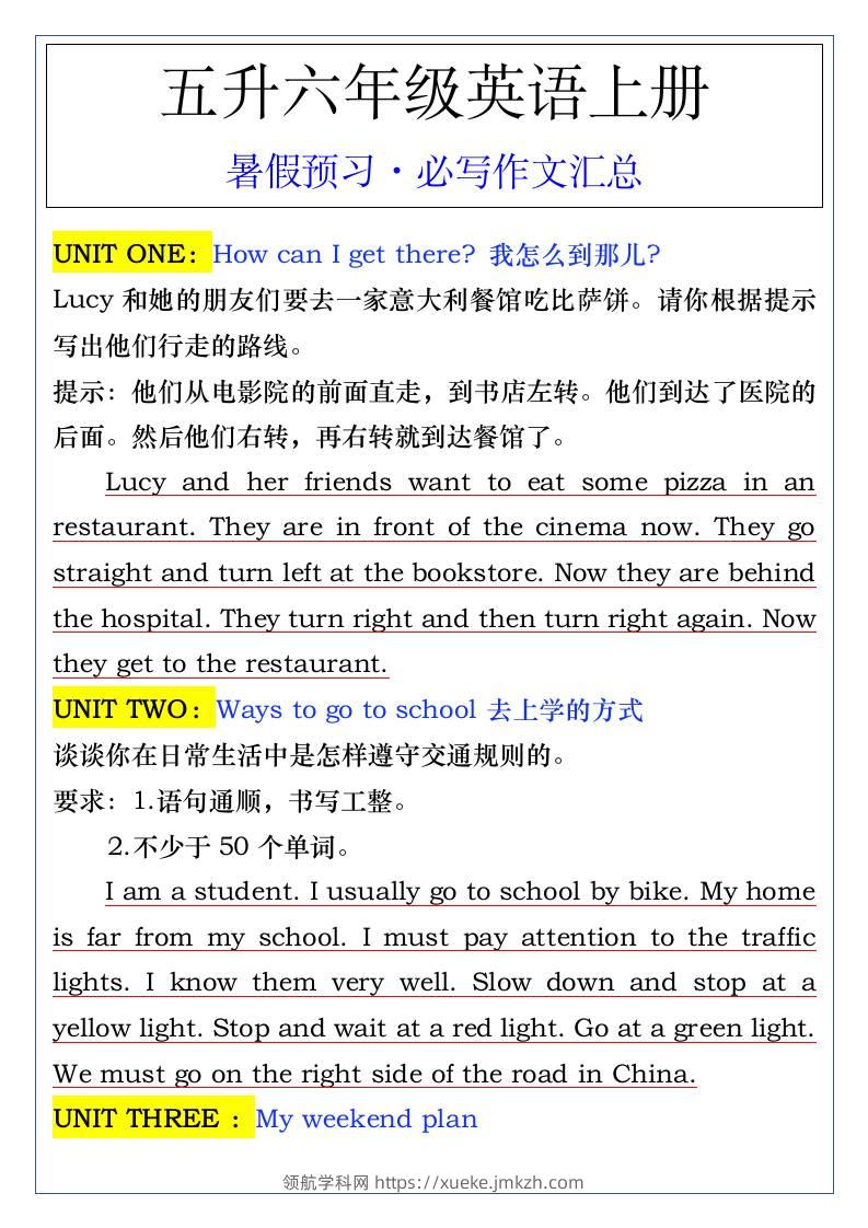 五升六年级英语上册暑假预习·必写作文汇总-六上英语-领航学科网
